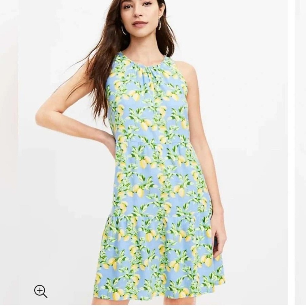 LOFT Lemon Print Tiered Swing Dress Women Size Large Blue Sleeveless Linen Blend